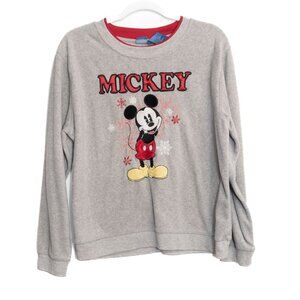 Disney Size XL Mickey Mouse Winter Graphic Fleece Sweatshirt Gray Red Trim